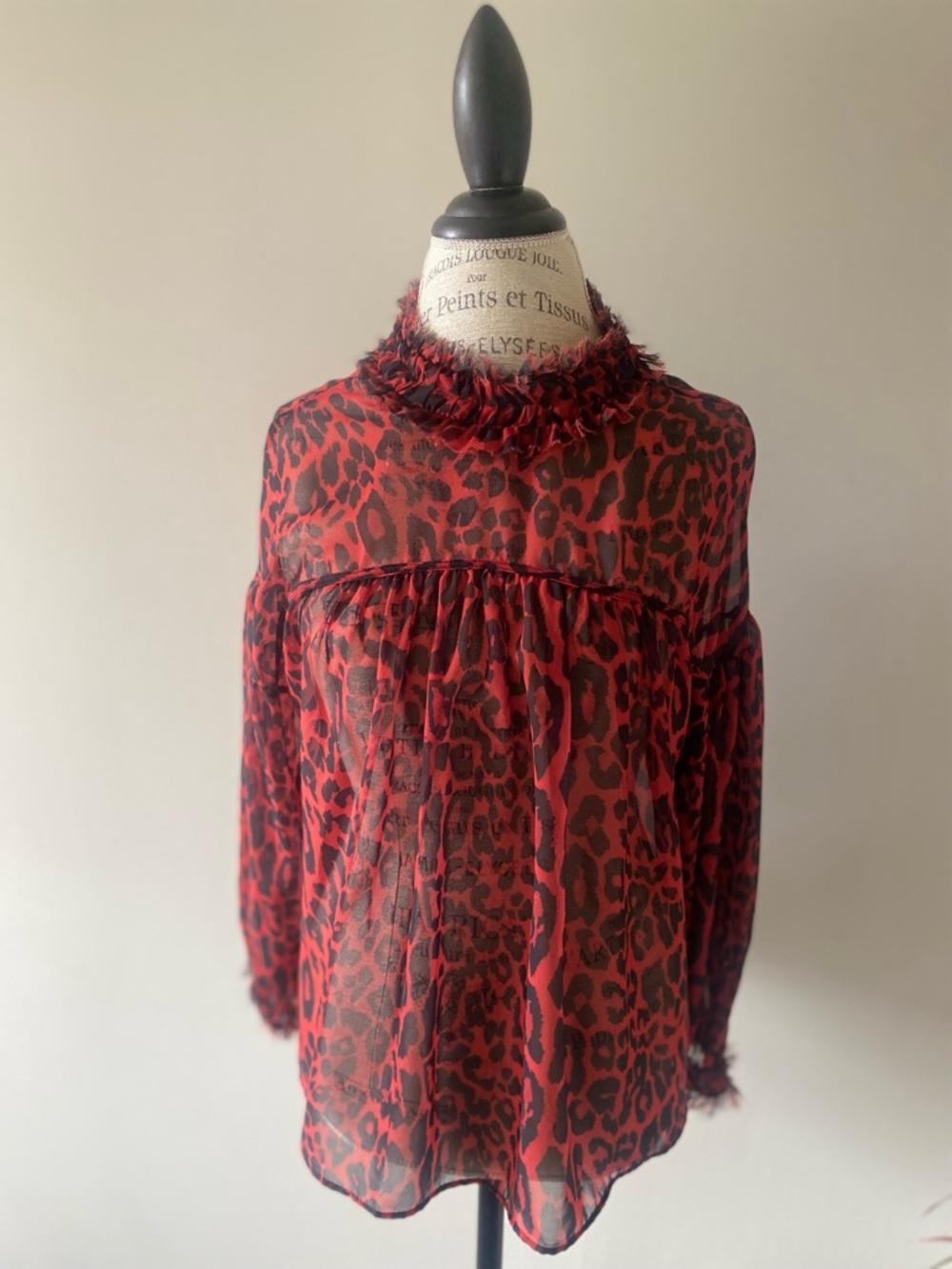 Bold and Feminine Red & Black Leopard Print Sheer Ruffle Neck Blouse